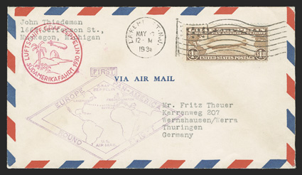 C14, $1.30 Graf Zeppelin, tied by Lakehurst, N.J.May 10, 1930 waving flag machine cancel to flown cover with violet U.S. and red German flight cachets as well as a
Friedrichshafen backstamp, very fine.