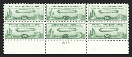 C18, 50c Graf Zeppelin, bottom margin plate no. 21171 block of six, well centered, fresh color, o.g., n.h., a couple small gum skips, very fine clear 2001 PSE
certificate.