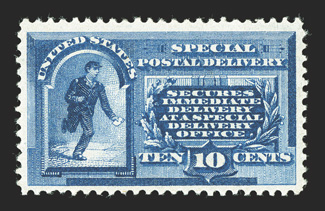 E1, 10c Blue, fresh and well centered, o.g., very lightly hinged, very fine 1988 PF certificate.