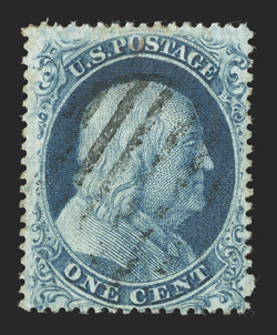 22, 1c Blue, Ty. IIIa, attractive used single showing a wide break at the top, rich Plate 4 color on fresh paper, light circular grid cancel, very fine.