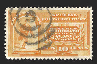 E3, 10c Orange, used, wonderfully well centered within large margins, strong vibrant color, extremely fine 2010 PSE certificate (XF-Superb 95 SMQ $255.00) only two stamps grade
higher.