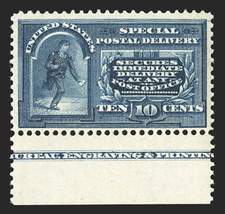 E5, 10c Blue, bottom margin partial imprint single, nicely centered, lovely rich color, o.g., n.h., choice very fine 2010 PSE certificate.