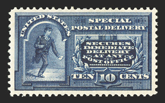 E5, 10c Blue, outstanding centering within large balanced margins, luxuriant deep color on fresh paper, o.g., l.h., extremely fine.