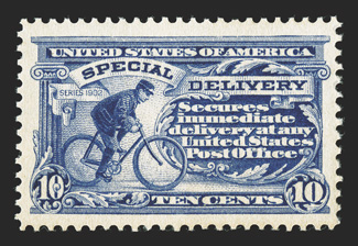 E8, 10c Ultramarine, very well centered within extravagantly large margins, rich bright color and a crisp impression, unblemished o.g., n.h., extremely fine 2002 PF certificate
and a 2008 PSE certificate (XF 90 SMQ $500.00).