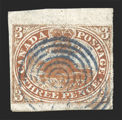 1, 1851 3p Red on laid paper, four margins ranging from ample to a huge sheet margin at top, fresh color, blue target cancel, very fine 1995 Brandon certificate (Unitrade
C$1,600.00).