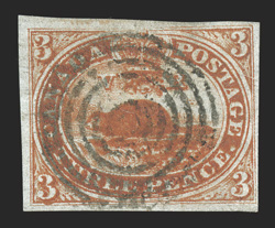Unitrade 4xii, 1852 3p Red, major re-entry, Pane B, position 61, showing doubling in the 3s and lettering, full to mostly large margins all around, deep color, target cancel,
faint trace of a crease at bottom right, otherwise very fine clear