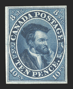 7, 1855 10p Blue on thin paper, a remarkably fresh example of this rare mint stamp, featuring a wonderful overall brilliance and crispness seldom encountered, with intense
color and a razor-sharp impression, ample to large margins all around, fu
