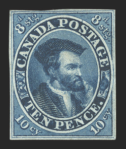 7a, 1855 10p Blue on thick white paper, a rarely seen mint example, ample margins all around, gorgeous deep color and a prooflike impression, the Brandon certificate states
small part o.g. though we feel part o.g. would be more accurate, ver