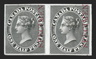 Unitrade 8TCii, 1857 ½p Black trial color proof on India, with red Specimen., horizontal pair, full to large margins around, intense color on fresh paper, very
fine.