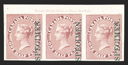 Unitrade 8Pi, 1857 ½p Rose plate proof on India with Green black Specimen., mounted on card, top margin imprint strip of three, other margins large, bright and fresh, extremely
fine.
