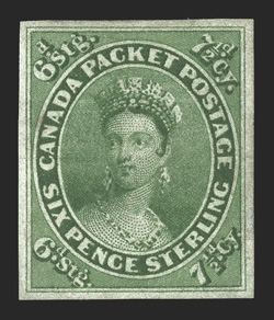 9, 1857 7½p Green, a rare and choice mint single, with full even margins all around, sumptuously rich color and an unusually strong impression, part o.g. covering over half the
stamp, very fine examples still retaining any original gum are espe