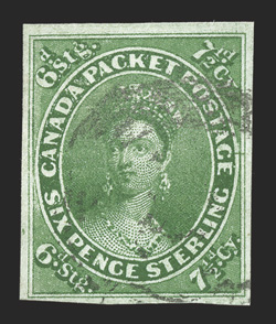 9, 1857 7½p Green, used, full to large margins all around, lovely color in a pleasing rich shade, well incised impression, lightly cancelled, very fine 1995 Brandon certificate
(Unitrade C$4,500.00).