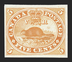 Unitrade 15TCviii, 1859 5c Orange yellow trial color plate proof on India, four large margins, bright color, very fine.