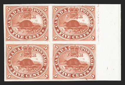 Unitrade 15P, 1867 5c Vermilion, plate proof on India, mounted on card, right margin partial imprint block of four, other margins large, rich bright color, extremely fine and
handsome.