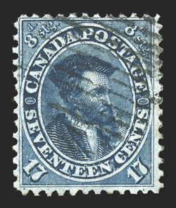 Unitrade 19ii, 1859 17c Blue with major re-entry, the re-entry being most noticeable in the doubling of the left frame line and TS of CENTS, gorgeous intense color that may be
the Prussian blue shade, unusually well centered for this, fairly