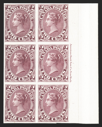 Unitrade 20TC, 1864 2c Deep rose trial color plate proof on India, mounted on card, right margin imprint block of six (positions 19-2039-40), other three margins full,
brilliantly fresh, very fine a most attractive imprint block.