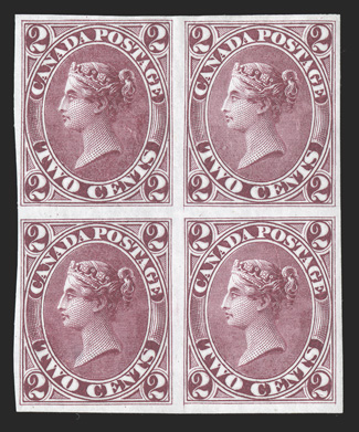 Unitrade 20TCi, 1864 2c Claret trial color plate proof on India, block of four, full to large margins all around, deep intense color, a couple trivial India paper
irregularities as usual, very fine.
