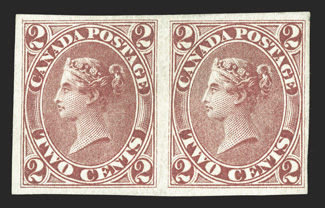 20b, 1864 2c Rose, imperforate, without gum as issued, horizontal pair, large margins all around, strong color and impression, very fine a choice example of this rare pair,
with only one imperforate sheet ever found (Unitrade C$5,000.00).