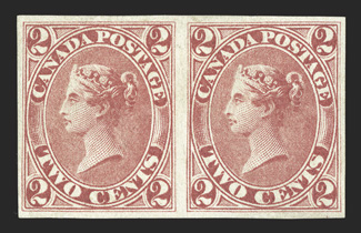 20b, 1864 2c Rose, imperforate, another example of this rare imperforate pair, though this is in a distinctly different (brighter) shade than the above pair, full to large
margins around, some gum on the back which the accompanying certificate s