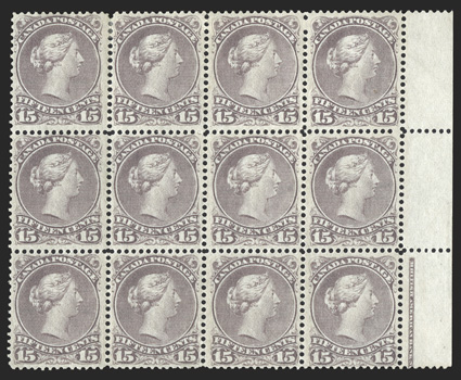 29, 1868 15c Gray violet, impressive right margin block of twelve with partial imprint, fresh color, several stamps are well centered, o.g., a few h.r.s, positions 5, 9 and 12
are never hinged, position 9 with small natural gum crease, fine-ver