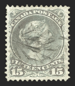 30d, 1876 15c Greenish gray on script watermarked paper, perforated 11½x12, with a small portion of the watermark visible at top right, a spectacular used example, being
remarkably well centered within lavishly large margins, attractive color, l