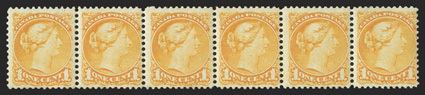 Unitrade 35viii, 1870 1c Yellow orange, strand of hair variety, the variety being the third stamp in a horizontal strip of six, brilliant color, o.g., never hinged, three
stamps affected by a faint natural paper crease (though the variety is not