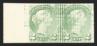 36P, 2c Green plate proof from the defaced plate, left sheet-margin horizontal pair, with defacing marks to verify this plates destruction, very fine only one such sheet was
saved.