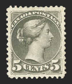 38a, 1876 5c Slate green, perforated 11½x12, exceedingly well centered within uncommonly large margins, strong rich color, large part o.g., extremely fine and choice 1994 PSE
certificate (Unitrade C$1,500.00).