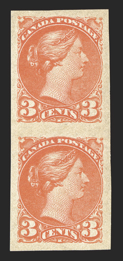 41b, 1891 3c Rose vermilion, imperforate, vertical pair, brilliant color, large even margins all around, o.g., lightly hinged, extremely fine (Unitrade
C$600.00).