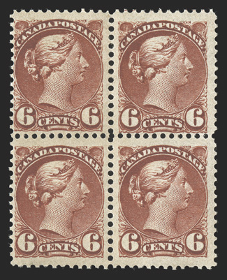 43, 1888 6c Red brown, mint block of four, strong rich color, o.g., top stamps l.h., bottom stamps n.h., three stamps with fine centering, but the bottom right stamp (which is
never hinged) is an extremely fine gem 2010 PF certificate (Unitrade