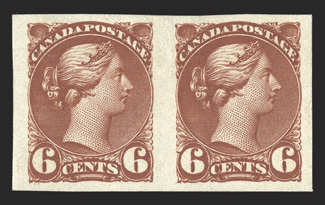 43b, 1895 6c Red brown, imperforate, horizontal pair, large margins all around, deep luxuriant color, slightly disturbed o.g., very fine (Unitrade C$750.00).