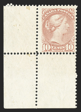 45b, 1897 10c Pink, bottom left corner margin single, with extra-large sheet selvage, large margins, o.g., lightly hinged, fine (Unitrade C$300.00).