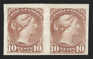 45c, 1897 10c Brown red, imperforate, horizontal pair, full to mostly large margins all around, fresh color, o.g., lightly hinged, very fine (Unitrade
C$750.00).