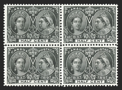 50, 1897 ½c Jubilee, mint block of four, strong color and impression, o.g., n.h., left stamps fine, right stamps very fine (Unitrade C$1,280.00+).