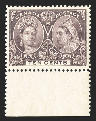 57, 1897 10c Jubilee, handsome bottom sheet-margin single, exceedingly well centered within lavishly large margins all around, rich fresh color, o.g., n.h., extremely fine
(Unitrade C$600.00).