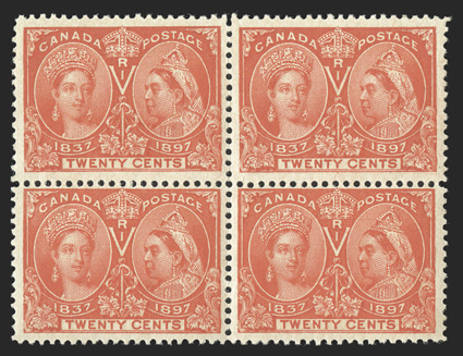 59, 1897 20c Jubilee, mint block of four, the top stamps are exceedingly well centered and margined, gorgeous color in an especially deep shade, o.g., top right stamp l.h.,
other three stamps never hinged, natural gum wrinkle affects the top sta