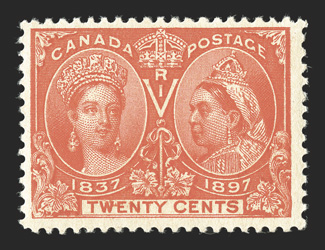 Unitrade 59ii, 1897 20c Vermilion, W-E variety, nicely centered, deep radiant color, o.g., n.h., very fine a scarce variety that occurs only on position 15 from Plate
21.