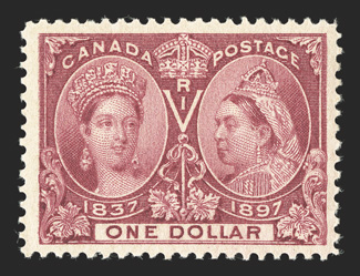 61, 1897 $1.00 Jubilee, exceedingly well centered amid large margins, wonderfully rich color and a well incised impression, o.g., barest trace of a hinge mark (if at all),
extremely fine (Unitrade C$1,200.00).