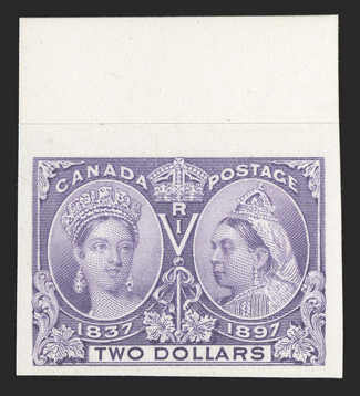 Unitrade 62P, 1897 $2.00 Jubilee, plate proof on card, top margin single with crease in top margin as always, bright and fresh, extremely fine.