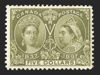 65, 1897 $5.00 Jubilee, pristine mint single, with beautifully rich color and a highly detailed impression, o.g., n.h., very fine (Unitrade C$6,000.00).