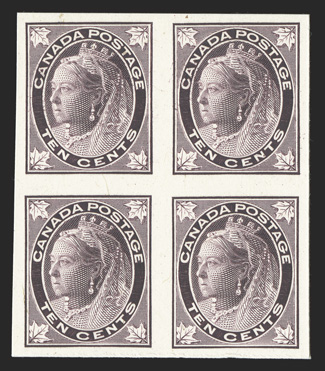 Unitrade 66P-73P, 1897-98 ½c-10c Queen Victoria Maple Leaf issue, plate proofs on card cplt. in blocks of four, all with large margins around, brilliant colors, 6c with
horizontal crease between proofs, otherwise extremely fine a very scarce
