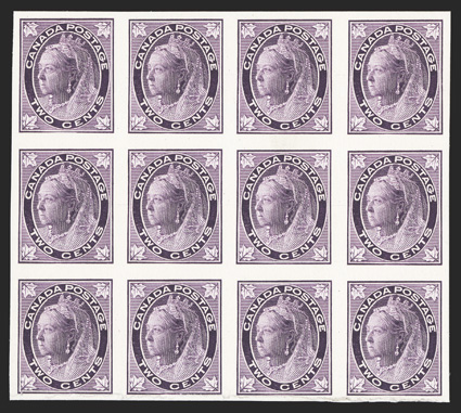 Unitrade 68P, 1897 2c Purple, plate proof on India, block of twelve mounted on card, large margins around, crease in bottom margin breaks the paper, otherwise very
fine.