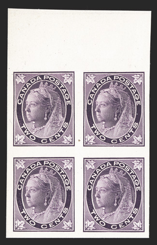 Unitrade 68Pi, 1897 2c Dull purple, plate proof on card, top margin block of four, other margins also large, bright and fresh, extremely fine.