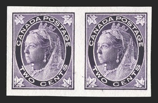 Unitrade 68i, 1897 2c Purple, imperforate, without gum as issued, horizontal pair, large margins all around, deep intense color, very fine (Unitrade
C$600.00).