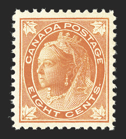 72, 1897 8c Orange Maple Leaf, a flawless gem mint single, possessing mathematically precise centering amid very large margins, gorgeous deep color that radiates off the
immaculately white paper, unusually even and intact perforations, pristin