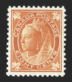 72, 1897 8c Orange Maple Leaf, excellent centering, deep vibrant color, small natural inclusion, o.g., n.h., choice very fine clear 2003 Greene Foundation certificate (Unitrade
C$1,200.00).