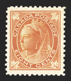 Unitrade 72ii, 8c Orange Maple Leaf on horizontal wove paper, exceptionally well centered within lavish margins all around, brilliant color, o.g., lightly hinged, extremely
fine (Unitrade C$400.00).