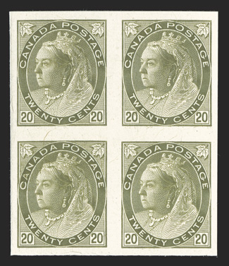Unitrade 74P-84P, 1898-1902 1c-20c Numerals, plate proofs on card cplt. in blocks of four, a striking well-matched set, each featuring large margins all around, fresh colors,
very fine and handsome blocks of this proof set are rarely seen.