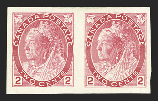 Unitrade 77iv, 1898 2c Carmine, die 1, imperforate, vertical wove paper, without gum as issued, horizontal pair, large margins, bright color, extremely fine 2007 Greene
Foundation certificate.