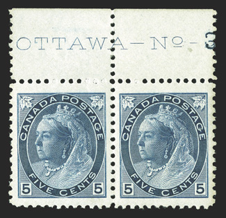 79, 1899 5c Blue on bluish Numeral, top margin imprint and plate number pair, exceptionally well centered within particularly large margins, strong rich color, o.g., left stamp
n.h., right stamp with paper h.r., extremely fine (Unitrade C$1,20